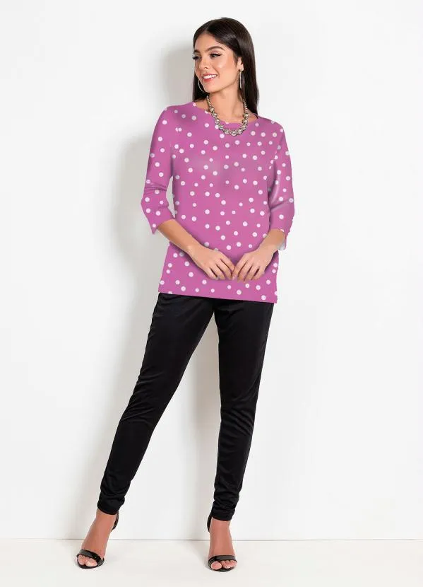 Moda Pop - Blusa Poá Rosa com Mangas Longas 3