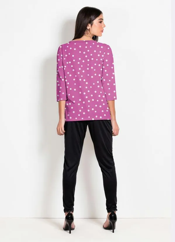 Moda Pop - Blusa Poá Rosa com Mangas Longas 4