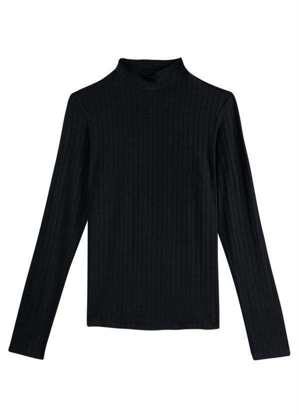 Malwee - Blusa Preta Canelada Gola Alta