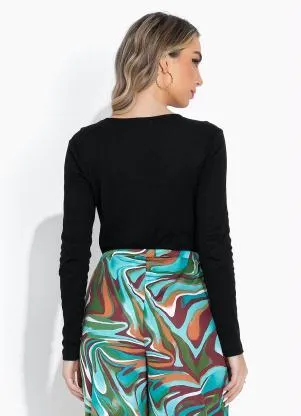 Moda Pop - Blusa Preta com Argola no Decote e Mangas Longas - MODA POP