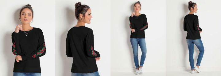 Blusa Preta com Estampa nas Mangas