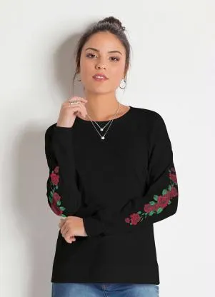 Moda Pop - Blusa Preta com Estampa nas Mangas - MODA POP