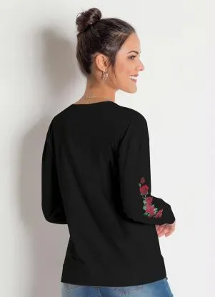 Moda Pop - Blusa Preta com Estampa nas Mangas - MODA POP