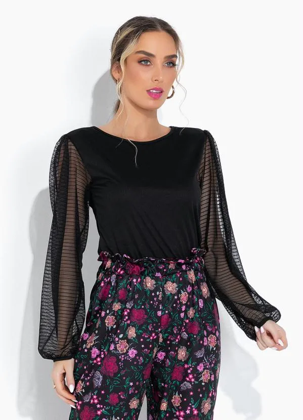 Moda Pop - Blusa Preta com Mangas de Tule Bufantes