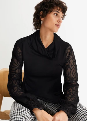 bonprix - Blusa Preta em Malha de Viscose e Devorê - BONPRIX