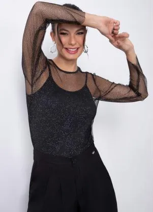 Quintess - Blusa Preta em Tela com Brilho de Mangas Longas - QUINTESS