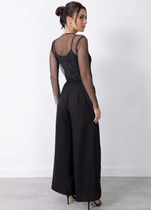 Quintess - Blusa Preta em Tela com Brilho de Mangas Longas