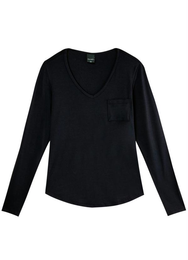 Malwee - Blusa Preta em Viscose com Decote V