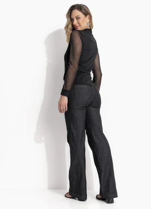Quintess - Blusa Preta Laço no Decote e Mangas Bufantes - QUINTESS