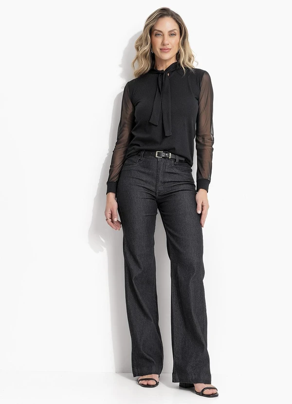 Quintess - Blusa Preta Laço no Decote e Mangas Bufantes 6