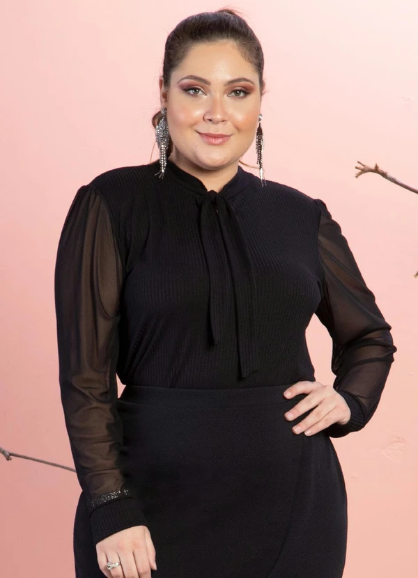 Quintess - Blusa Preta Laço no Decote e Mangas Bufantes 8