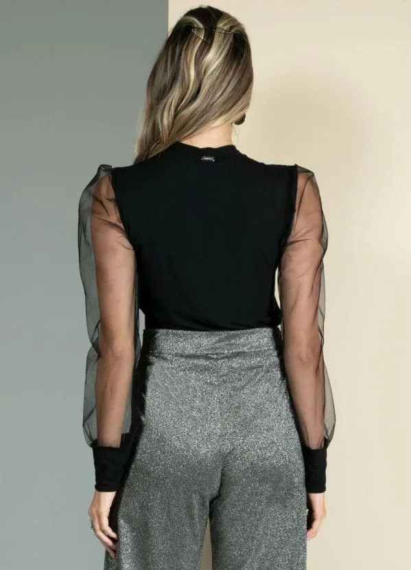 Quintess - Blusa Preta Mangas Bufantes em Transparência 2