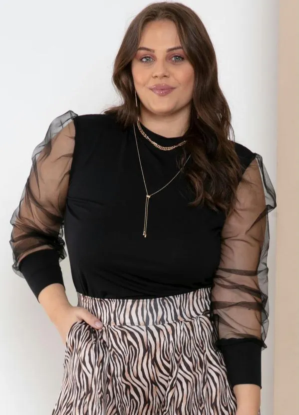 Quintess - Blusa Preta Mangas Bufantes em Transparência 5