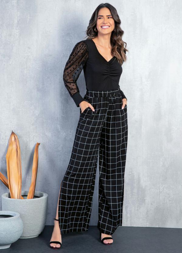 Quintess - Blusa Preta Mangas com Transparência de Poá 7