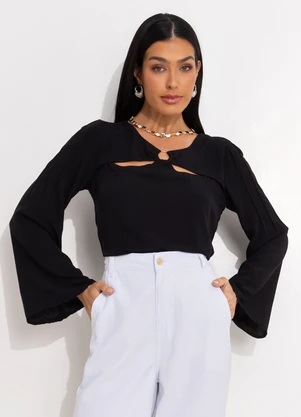 Quintess - Blusa Preta Mangas Longas com Vazado no Decote - QUINTESS