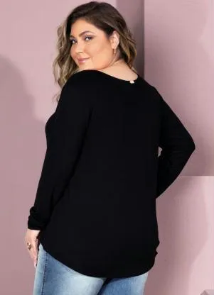 Quintess - Blusa Preta Modelo Mullet com Mangas Longas - QUINTESS