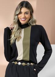 Blusa Preta/Verde/Bege com Recortes e Gola Alta