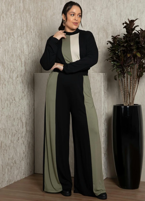 Quintess - Blusa Preta/Verde/Bege com Recortes e Gola Alta 11