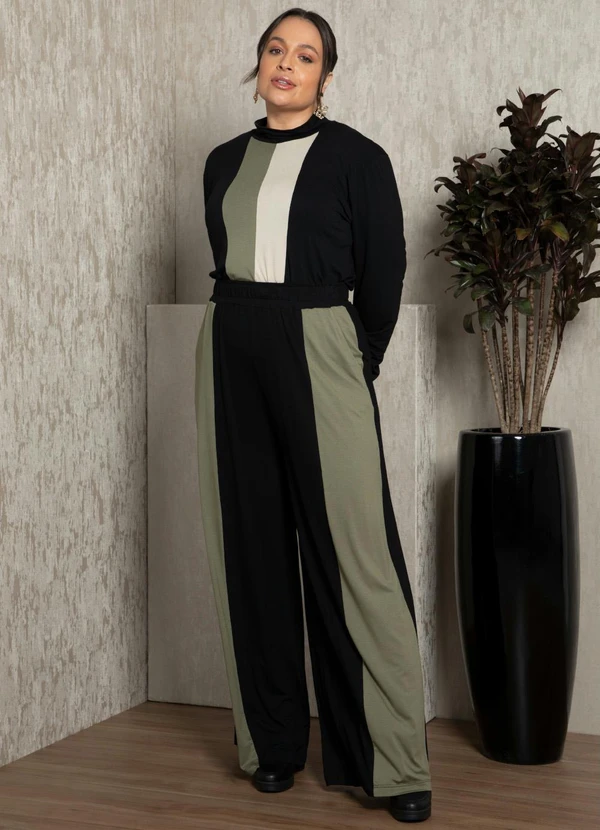 Quintess - Blusa Preta/Verde/Bege com Recortes e Gola Alta 13
