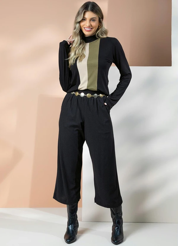 Quintess - Blusa Preta/Verde/Bege com Recortes e Gola Alta 3