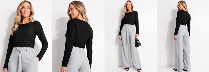 Blusa Preto em Malha Canelada Texturizada