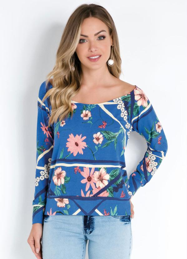 Quintess - Blusa Raglan Floral Azul com Decote Canoa