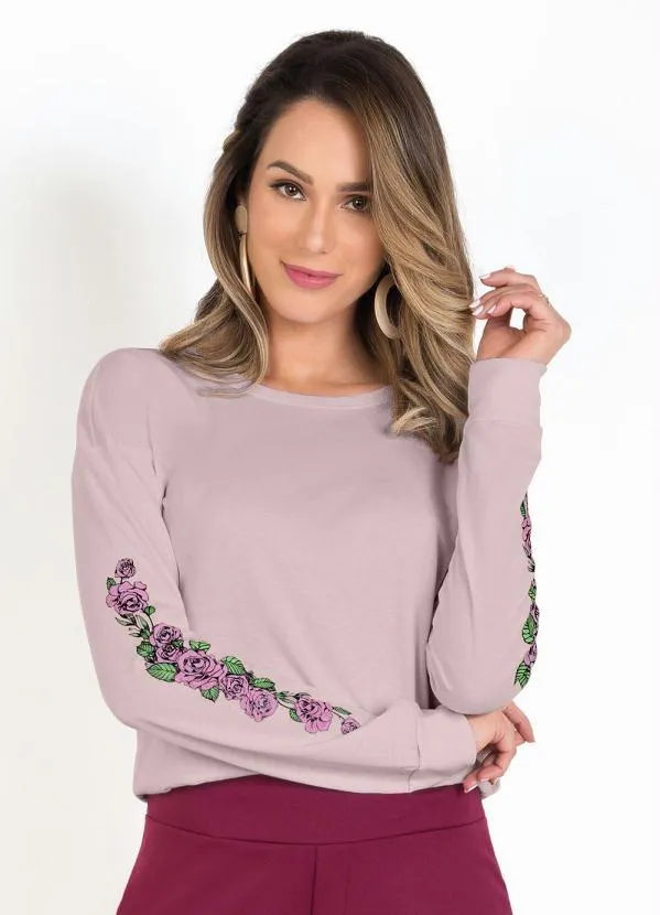 Moda Pop - Blusa Rosê com Estampa nas Mangas