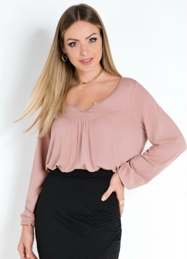 Quintess - Blusa Rosê com Manga Longa e Elástico no Punho