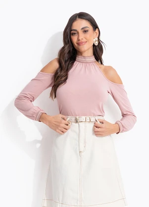 Quintess - Blusa Rosê Gola Alta com Ombros a Mostra - QUINTESS