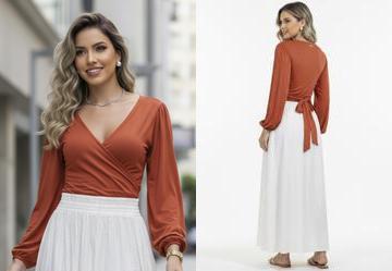 Blusa Telha Transpassada com Mangas Longas