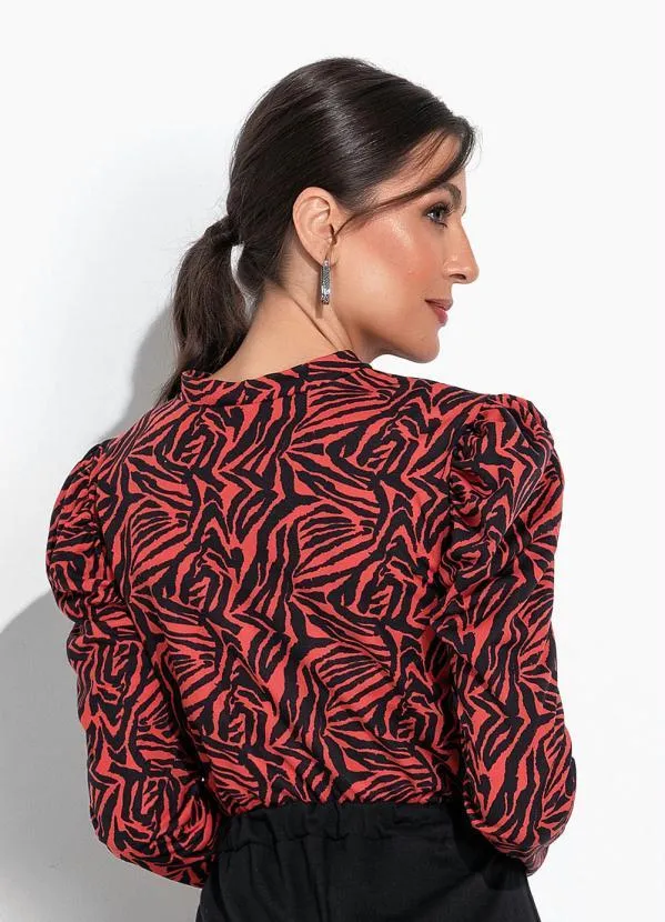 Moda Pop - Blusa Tigre Vermelha com Mangas Longas Bufantes 2