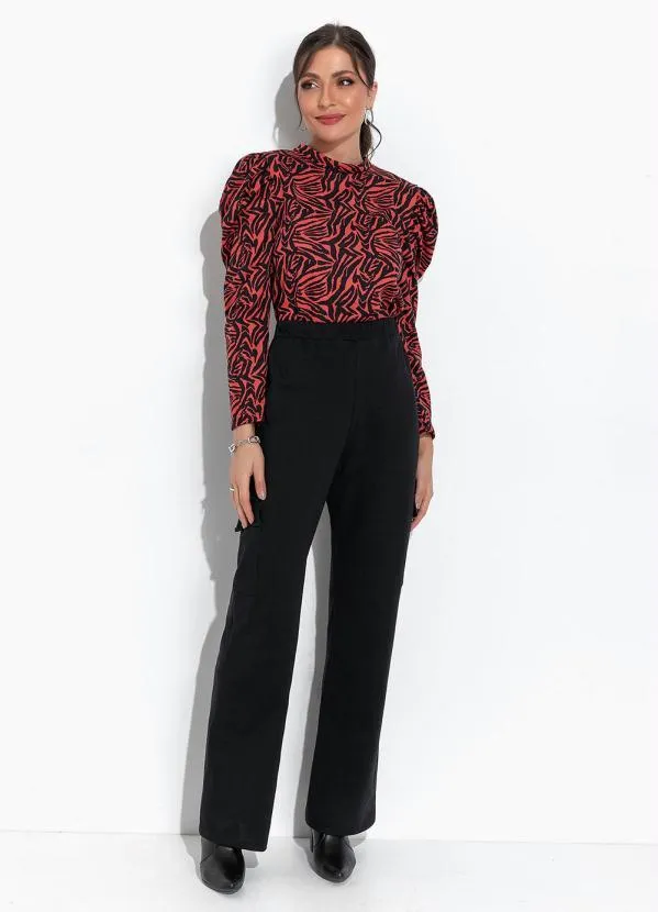 Moda Pop - Blusa Tigre Vermelha com Mangas Longas Bufantes 3