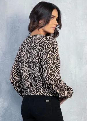 Quintess - Blusa Transpassada Zebra Rosa Mangas Bufantes - QUINTESS