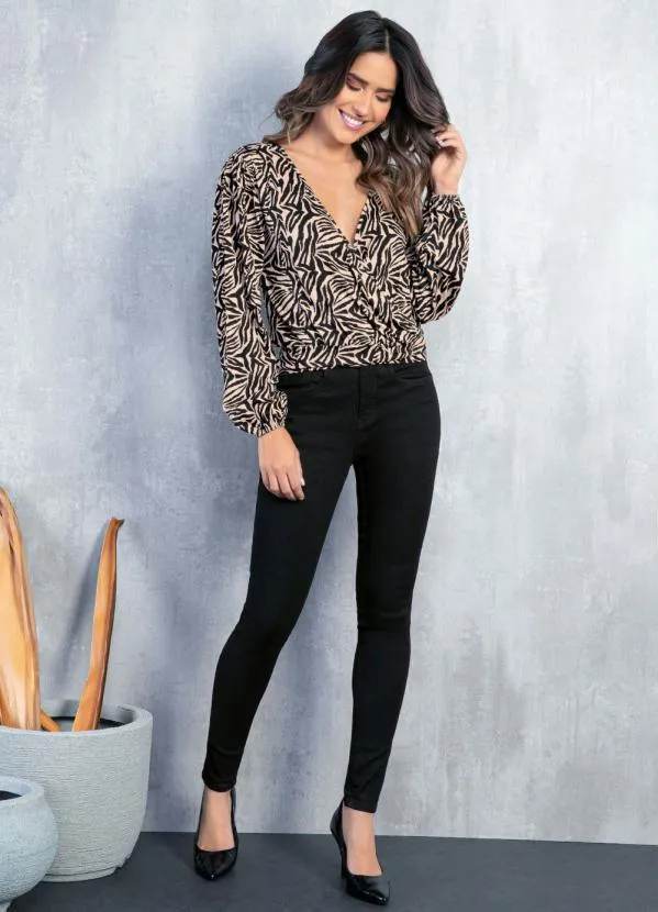 Quintess - Blusa Transpassada Zebra Rosa Mangas Bufantes 3