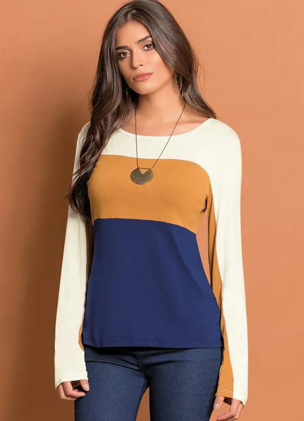 Quintess - Blusa Tricolor Caramelo com Recortes