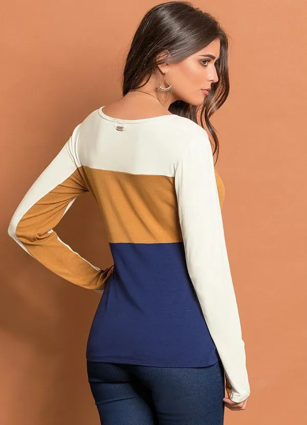 Quintess - Blusa Tricolor Caramelo com Recortes 2