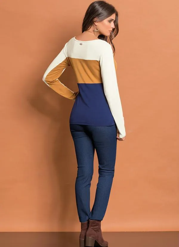 Quintess - Blusa Tricolor Caramelo com Recortes 4