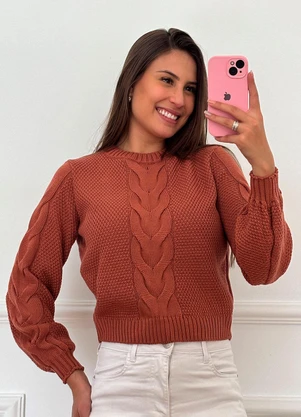 Doce Tom - Blusa Tricot Elegante Manga Trançada Marrom - DOCE TOM