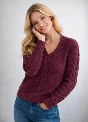 Doce Tom - Blusa Tricot Feminina Elegante Inverno Bordô - DOCE TOM