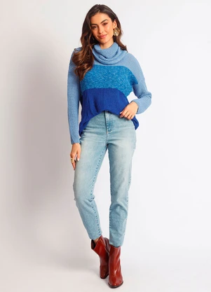 Doce Tom - Blusa Tricot Gola Alta Bicolor Azul - DOCE TOM