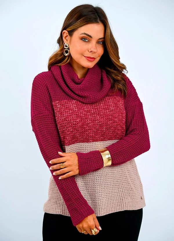 Doce Tom - Blusa Tricot Gola Alta Bicolor Rosa 1