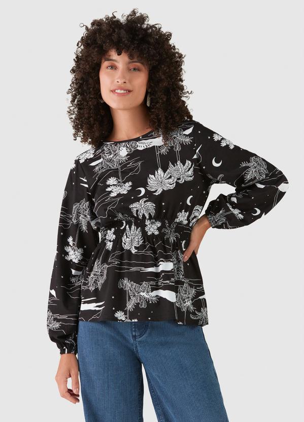Malwee - Blusa Tropical com Elástico Preto