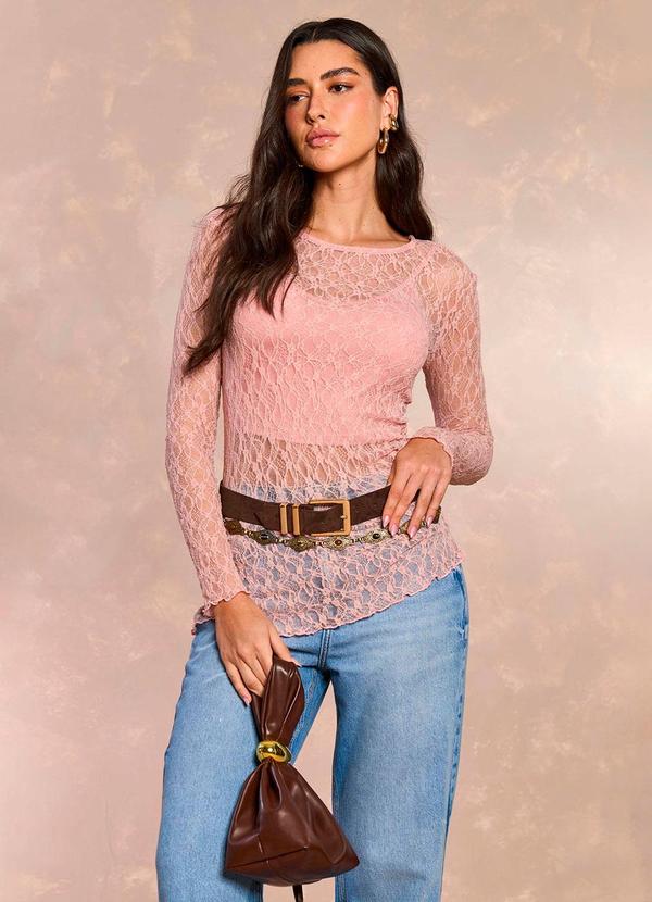 Doce Trama - Blusa Tropical Garden em Renda Rosa