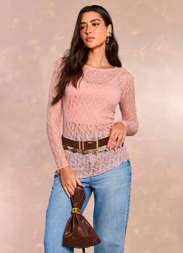 Doce Trama - Blusa Tropical Garden em Renda Rosa