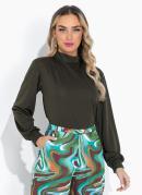 Blusa Verde Militar com Gola e Mangas Longas