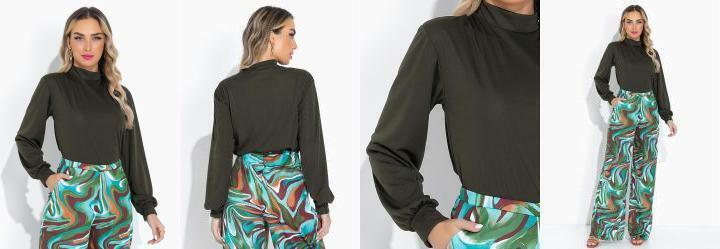 Blusa Verde Militar com Gola e Mangas Longas