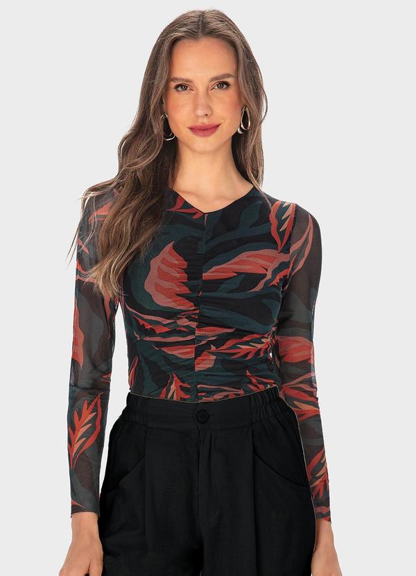 Malwee - Blusa Vermelho Justa Folhagens em Tule