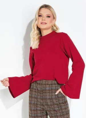 Moda Pop - Blusa Vermelho Manga Longa Flare com Gola Alta - MODA POP