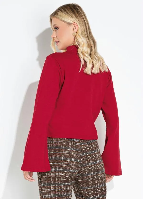 Moda Pop - Blusa Vermelho Manga Longa Flare com Gola Alta 2