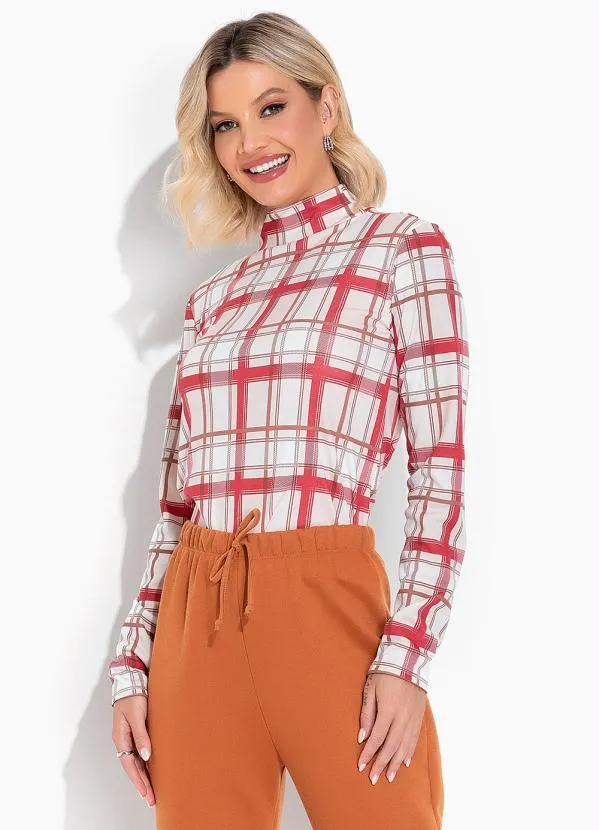 Moda Pop - Blusa Xadrez Off White com Gola Alta 1